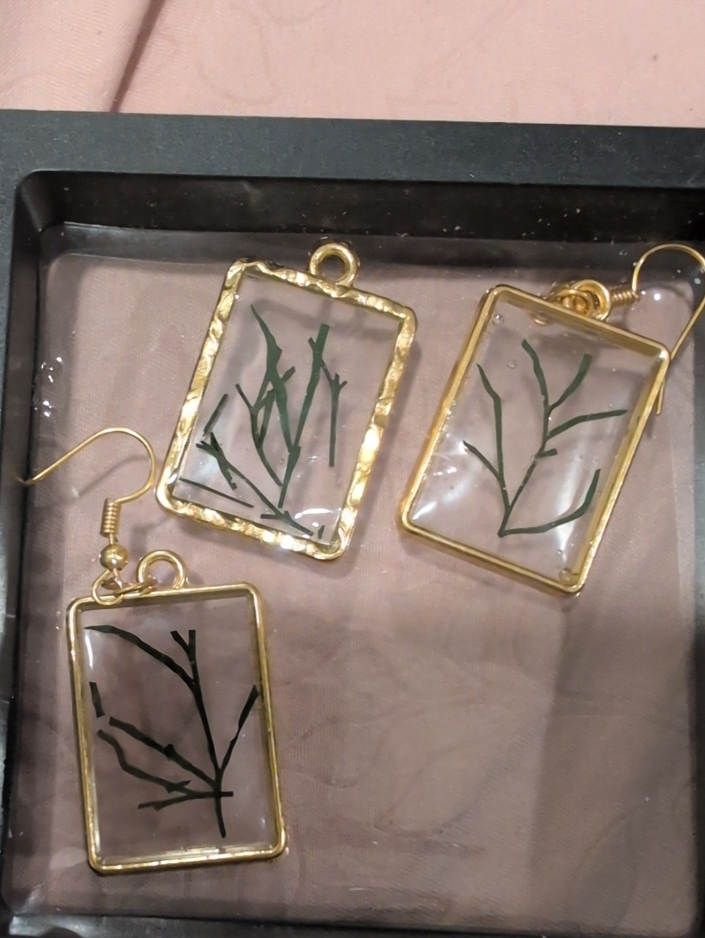 Gold Frame Botanical Rectangular Drop Earrings - Clear & Green Handmade Real